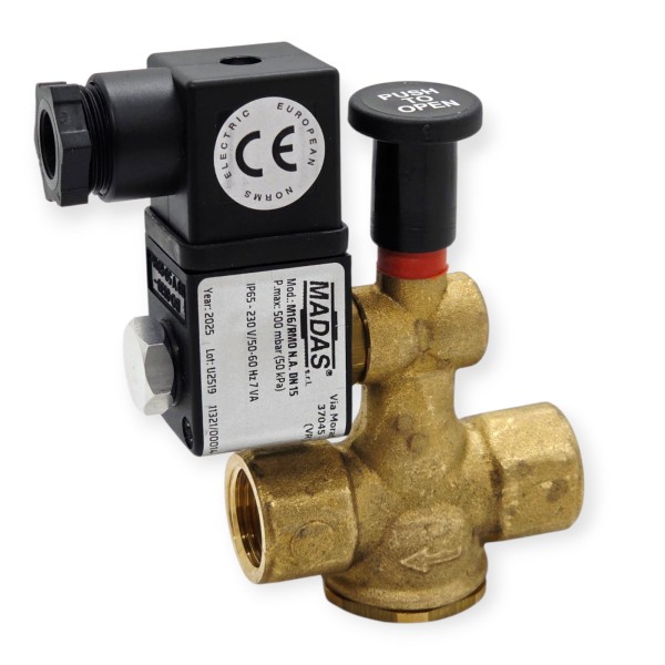 Ηλεκτροβάνα Αερίου Ορειχάλκινη MADAS 3/4″ 500mbar Normally Open Χειροκίνητη Επαναφορά
